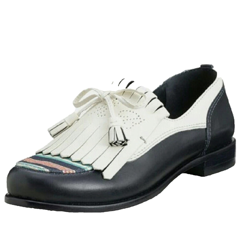 Tory Burch Black and White Leather Kiltie Loafer with Multicolor Toe Stripe